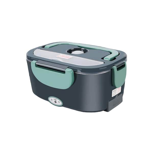 Green Reusable Lunch Bag Set with SS Fork, Spoon, Fruit Box and Insulated Carry Bag, 12/24/110V Portable Lunch Warmer