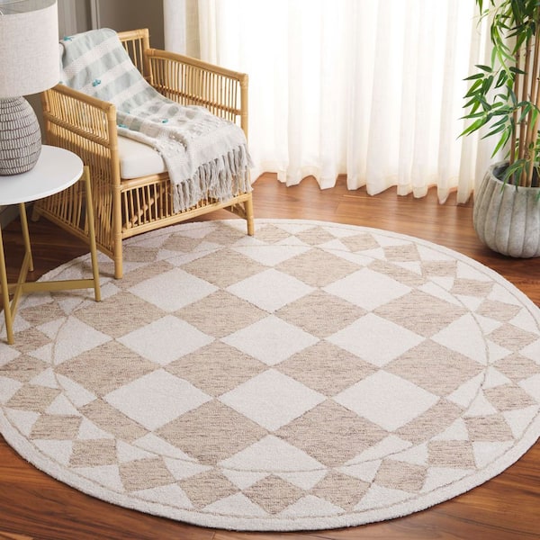Ebony 6 ft. x 6 ft. Round Light Brown/Ivory Border Diamond Area Rug