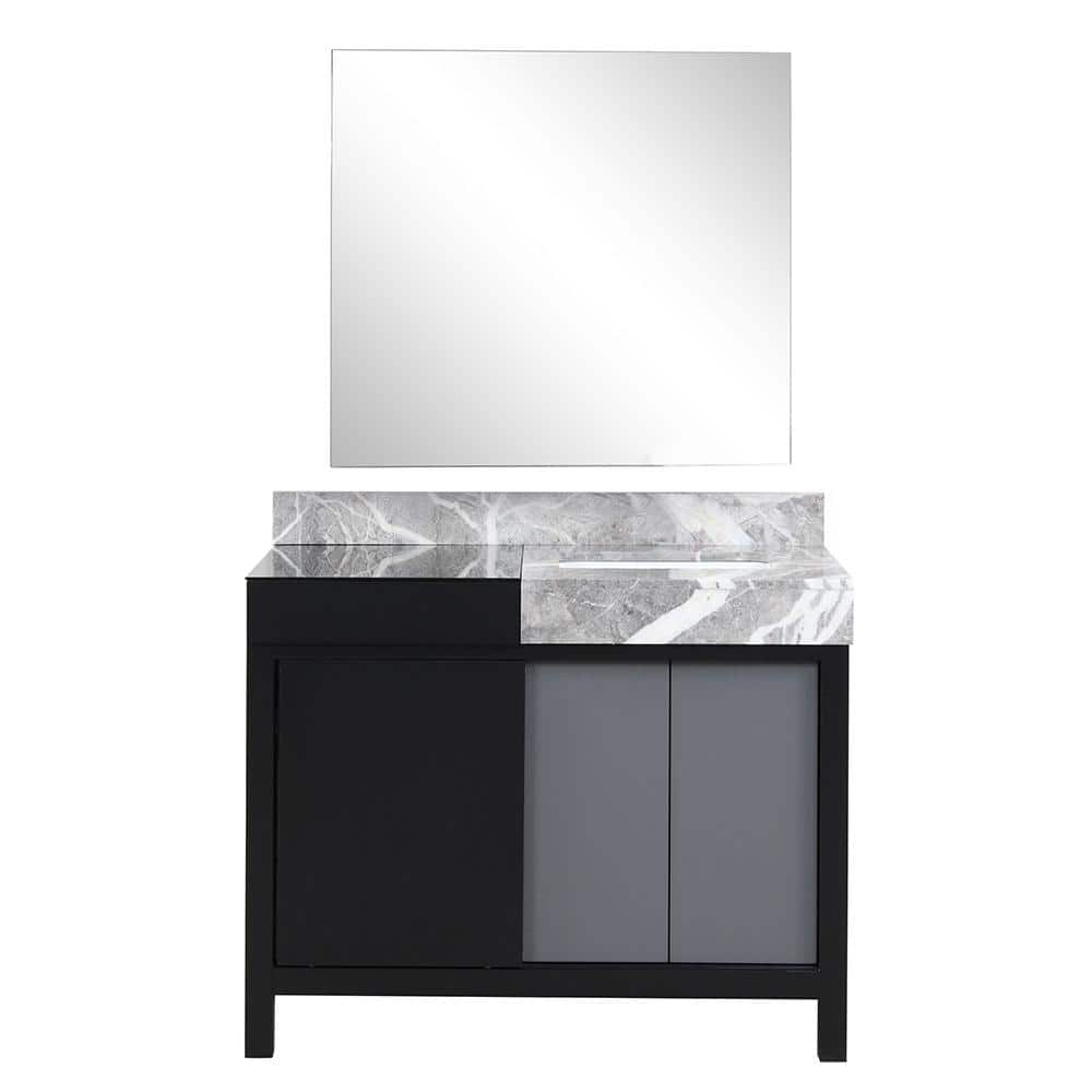 Zilara 42" Black and Gray Marble Top Bathroom Vanity with Mirror