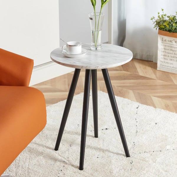 16 in. White Round Imitation Marble End Table with Black Metal Legs, MDF Desktop for Living Room, Bedroom