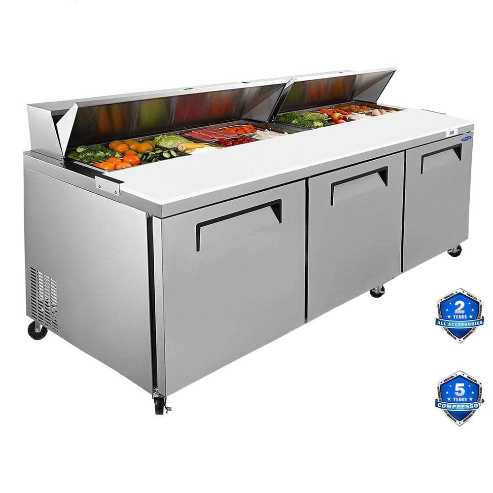 72 in. 22 cu. ft. 3 Door Commercial Refrigerator in Stainless Steel with Sandwich and Salad Prep Table, ETL Certified