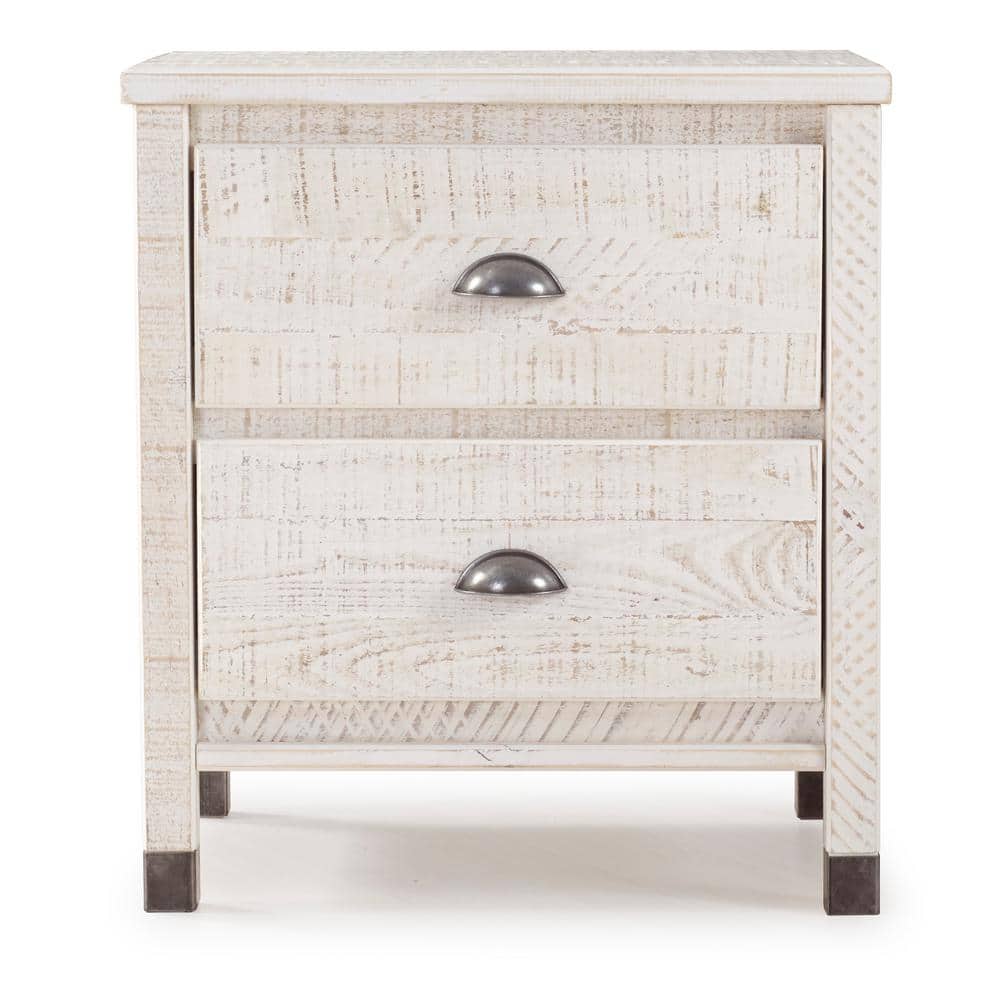 Baja Rustic Shabby White Solid Wood 2-Drawer Nightstand