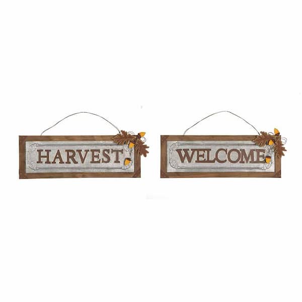 Glitzhome 21.89 in. L Solid Wood/Galvanized "Harvest/Welcome" Wall Sign