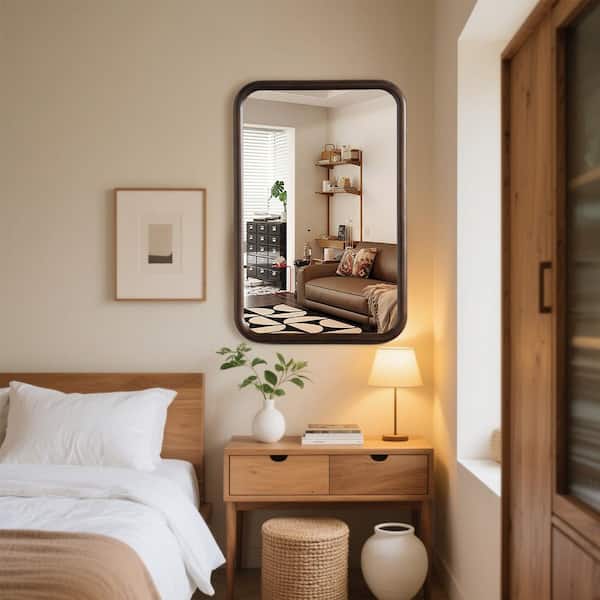 24 in. W x 36 in. H Modern Rectangular Brown Pine Wooden Framed Wall Bathroom Vanity Mirror