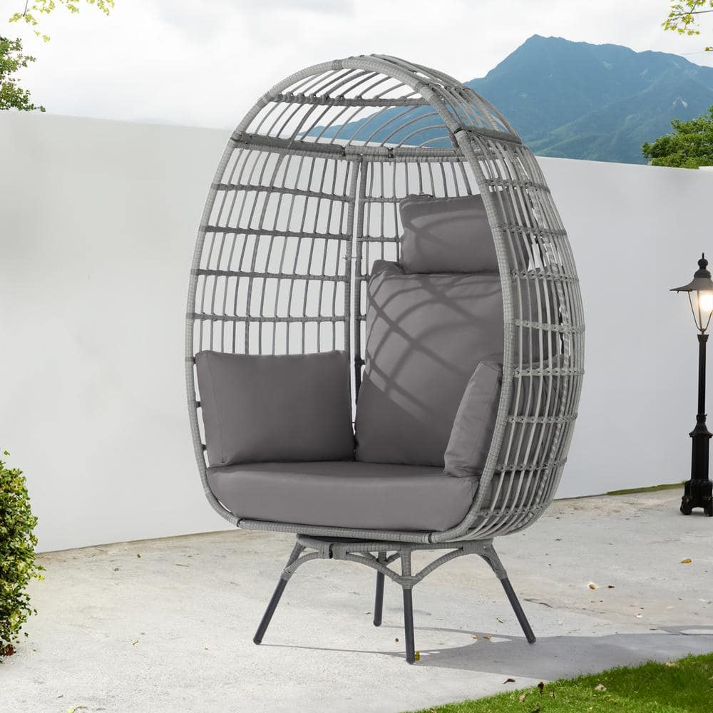 Patio Wicker Swivel Egg Chair, Oversized Indoor Outdoor Egg Chair, Gray Rat