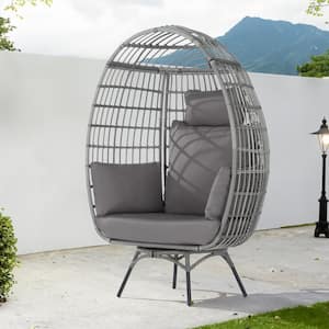 Patio Wicker Swivel Egg Chair, Oversized Indoor Outdoor Egg Chair, Gray Ratten Gray Cushions