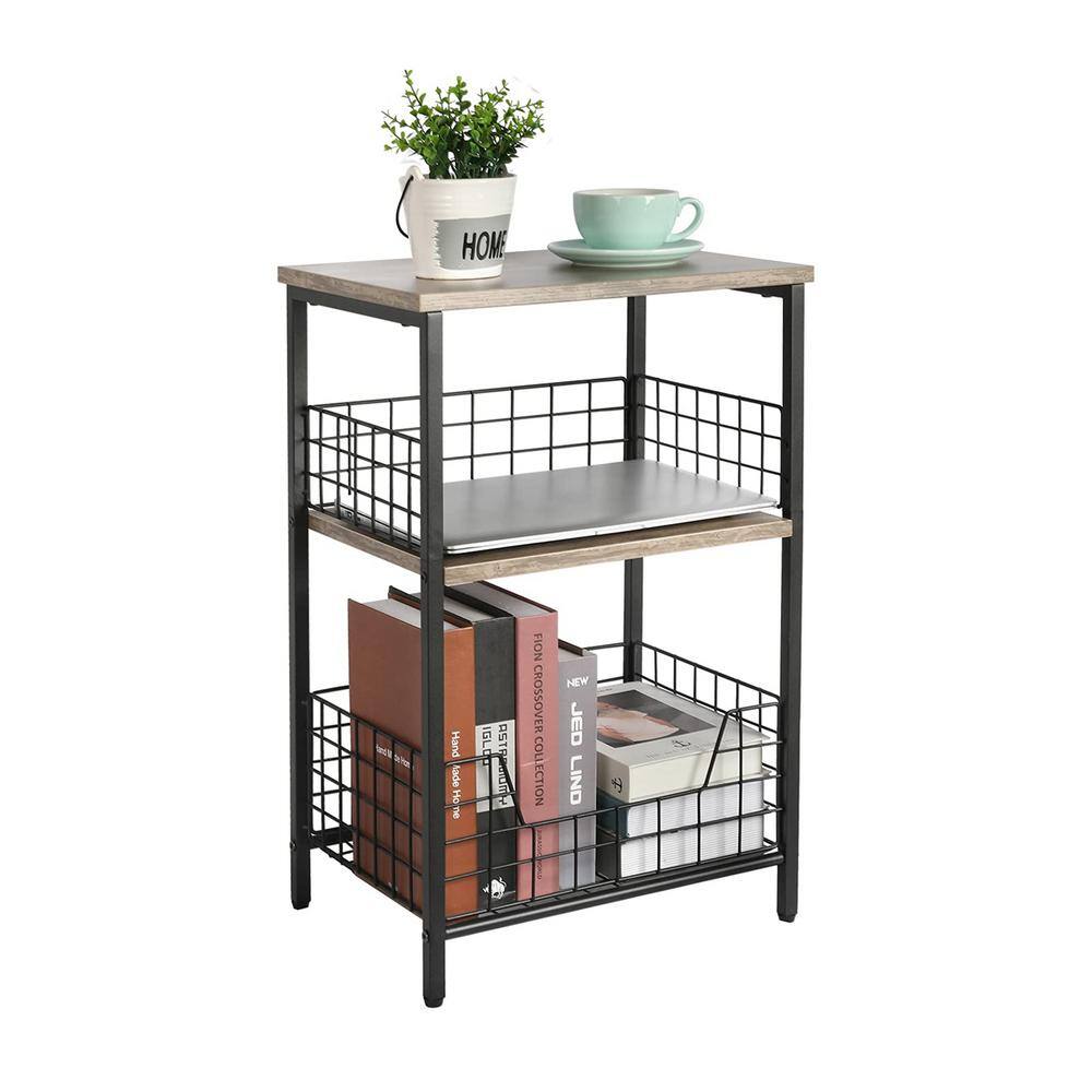 Greige and Black Industrial Wood and Metal End Table