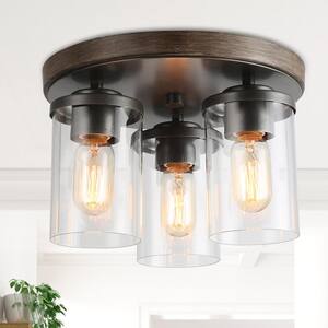 Industrial Bronze Round Flush Mount Light with Cluster Cylinder Clear Glass Shades Rustic Faux Wood 3-Light Ceiling Lamp