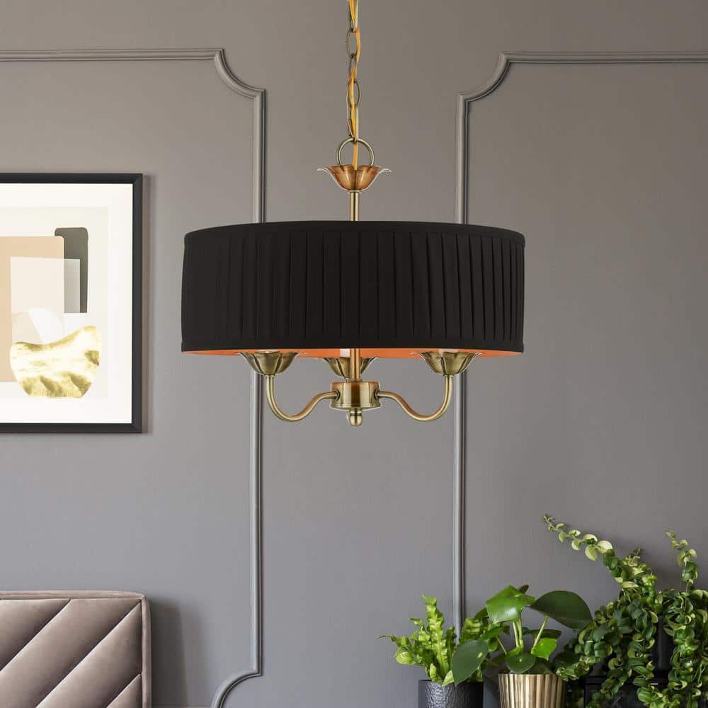 Antique Brass Transitional 3-Light Drum Pendant with Pleated Shade