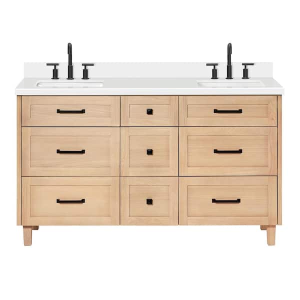 Monroe 61 in. W x 22 in. D x 36 in. H Double Bath Vanity in Oak with Pure White Quartz Top