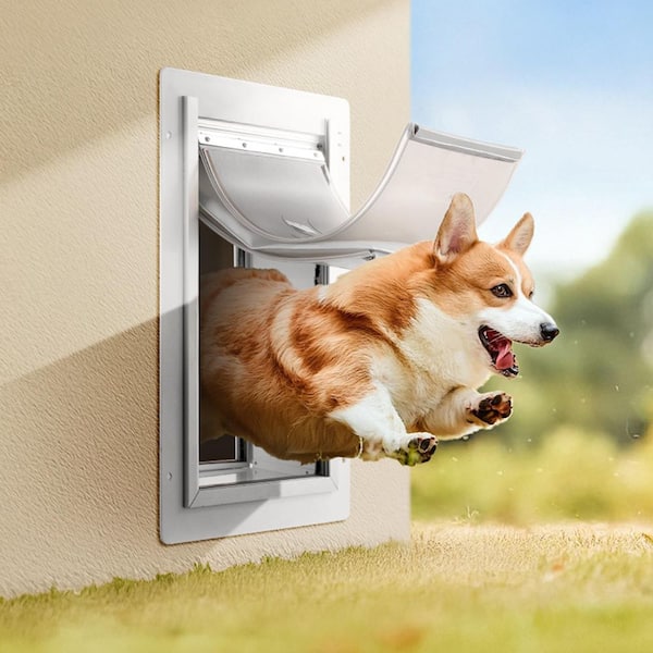 Pet Door, 14.25 x 21.1 in. Metal Frame with Lock and 3-Flap System, Weatherproof, for Cat Doggie Kitties (White-Large)