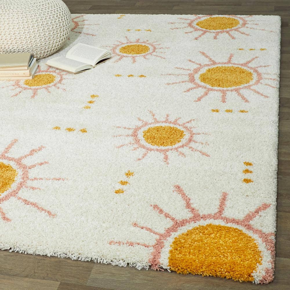 Cream and Yellow Sun Spot Kids' Rectangular Synthetic Rug 5' x 7'