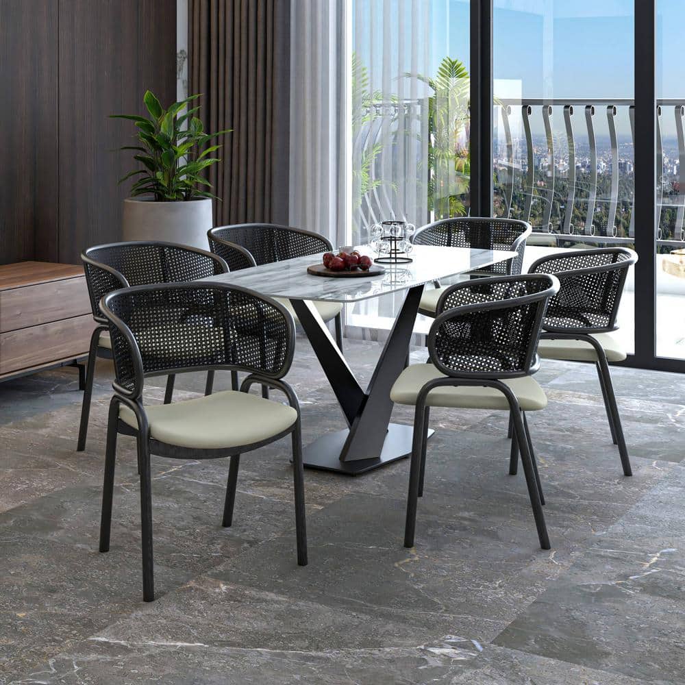 Modern Black Metal and Cane Arm Chair with Beige Upholstered Seat