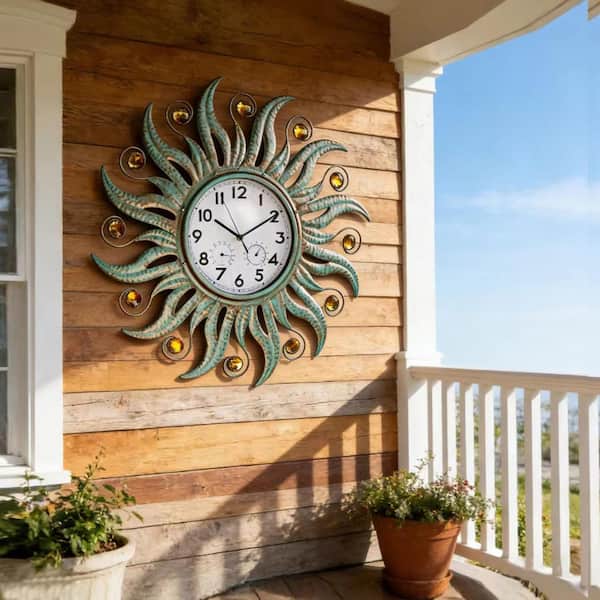 25 in. Outdoor Wall Clock with Thermometer and Hygrometer, Sun