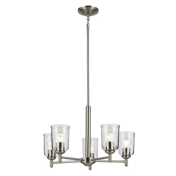 KICHLER Shailene 23.75 in. 5-Light Brushed Nickel Traditional Clear Glass Shaded Bell Chandelier for Dining Room
