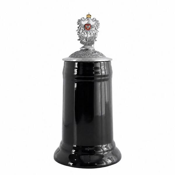 0.85L Black Glaze Ceramic Beer Stein with Pewter Metal Lid, Oktoberfest Tankard with Fine Relief Design