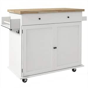 White Wood 45.5in. Kitchen Island With Storage, Farmhouse Rolling Kitchen Island Cart on Wheels with Drawer, 2 Cabinets