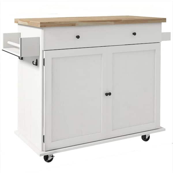 Tileon White Wood 45.5in. Kitchen Island With Storage, Farmhouse Rolling Kitchen Island Cart on Wheels with Drawer, 2 Cabinets