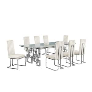 Dominga 9-Piece Rectangular Glass Top With Stainless Steel Base Dining Set With 8 Cream Velvet Fabric Chrome Chair