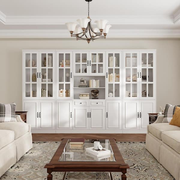 Luxurious Wall Wide White 78.7 in. H Accent Storage Cabinet, Bookcase with 25-Shelf, 8 Tempered Glass Doors and 2-Drawer