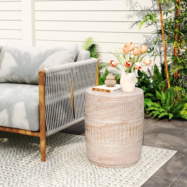 CHRISTOPHER KNIGHT HOME Leandro Outdoor Patio Lightweight Concrete Cylindrical Side Table with Textured Surface, MGO, Travertine Finish