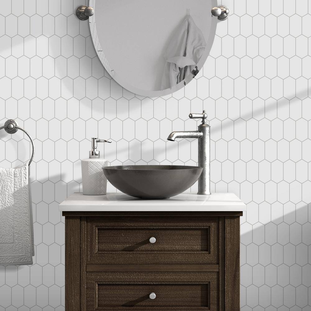 White Hexagonal Peel and Stick Stone Mosaic Tile Sheet