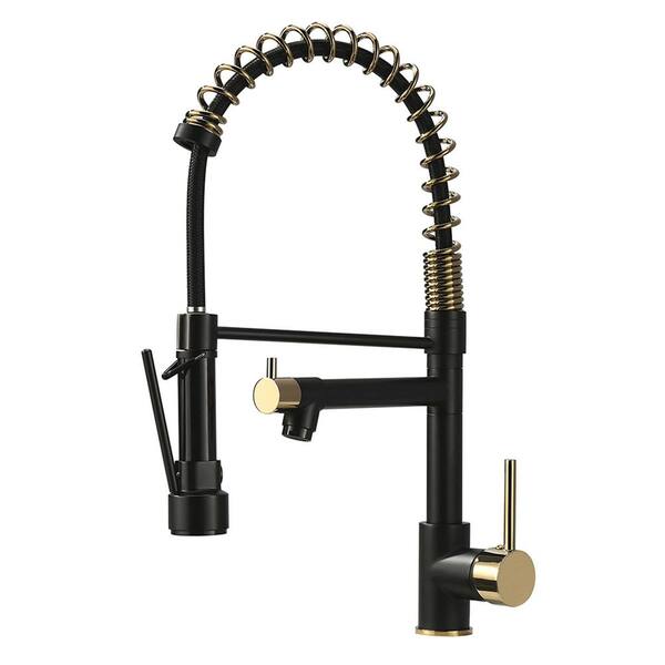 Aosspy Single-Handle Pull-Down Sprayer Kitchen Faucet in Black and Gold