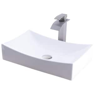 White Porcelain Rectangular Vessel Sink with Faucet and Drain in Brushed Nickel