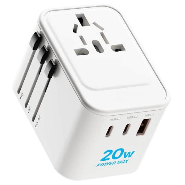 phyfalip 8-Amp 240-Volts Universal Travel Adapter Travel Plug Adapter with 2 USB-C PD 20-Watt and 1 USB-A Ports Portable Adaptor