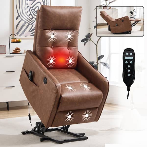 Coffee Ergonomic Faux Leather Power Lift Recliner with Heavy Duty, Heat, Massage and USB