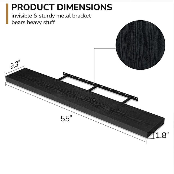 55 in. W x 9.3 in. D Rustic Black Floating Decorative Wall Shelf