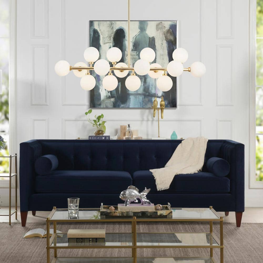Dark Navy Blue Velvet Tufted Tuxedo Settee with Wood Legs