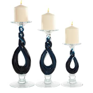 Contemporary Twisted Clear and Blue Glass Candle Holders, Set of 3: 6 in. x 14 in., 5.5 in. x 12 in., 5 in. x 9 in.