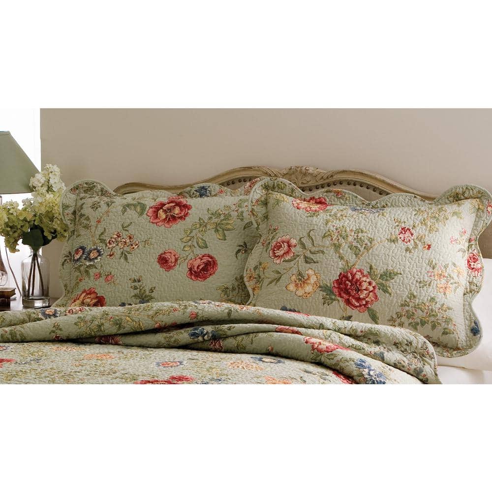 Full Sage Green Cotton Quilt Set with Floral Design