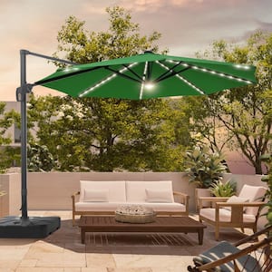 11 ft. Round Solar LED Aluminum 360-Degree Rotation Cantilever Offset Outdoor Patio Umbrella with Base in Kelly Green