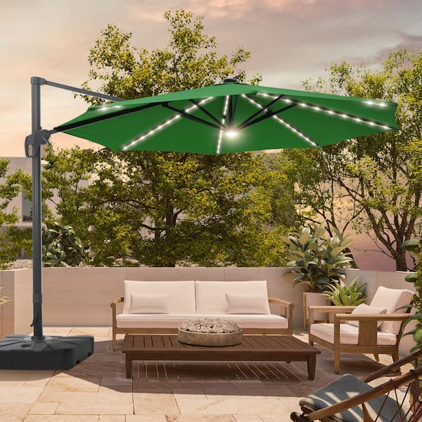 Sonkuki 11 ft. Round Solar LED Aluminum 360-Degree Rotation Cantilever Offset Outdoor Patio Umbrella with Base in Kelly Green