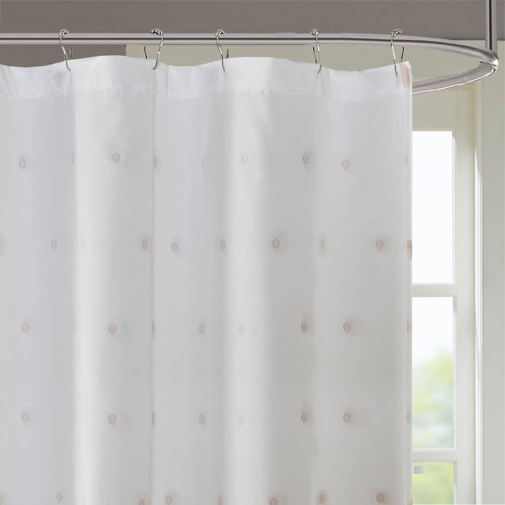 White Polyester Shower Curtain with Blush Pom Poms