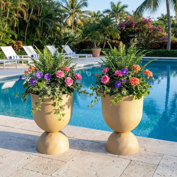 Dovelina Large 13 in. D Beige Plastic All-Weather Pedestal Planter Set  Stone Texture (2-Pack) HD0104-HP030507