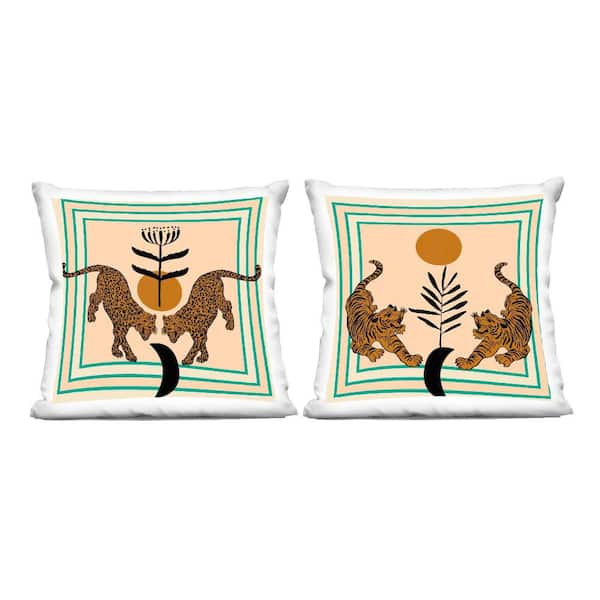 Stupell Industries Boho Symmetrical Wild Cats Brown Print Polyester 18 in. X 18in. Throw Pillow, Set of 2