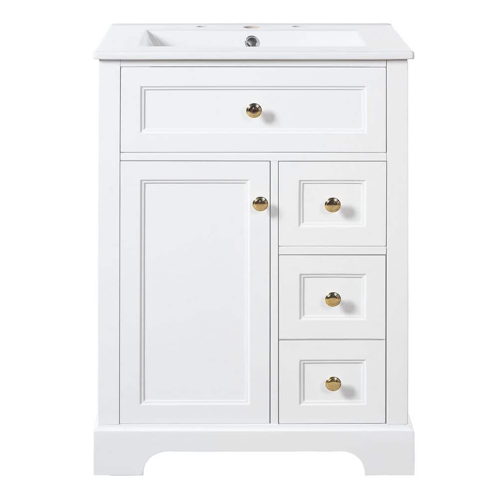 24 in. Freestanding Bath Vanity in White with White Ceramic Sink Top, Soft-Close Door and 3-Drawers price history on PriceWatchPro