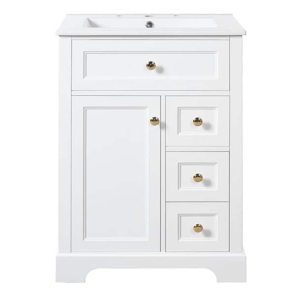 24 in. Freestanding Bath Vanity in White with White Ceramic Sink Top, Soft-Close Door and 3-Drawers