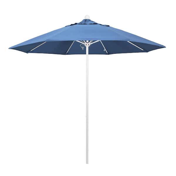 California Umbrella 9 ft. White Aluminum Commercial Market Patio Umbrella with Fiberglass Ribs and Push Lift in Frost Blue Olefin