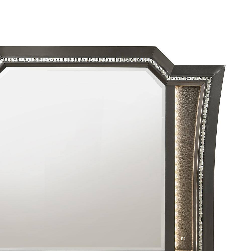Gray Rectangular Wood Mirror with LED Lights and Crystal Trim