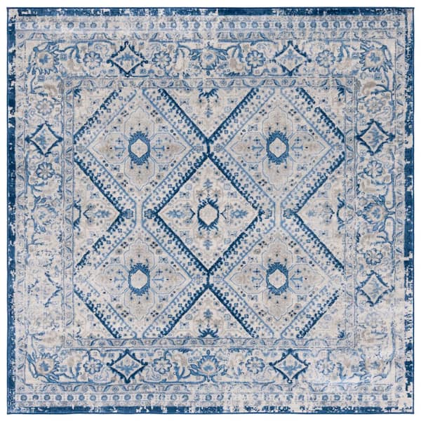 Brentwood 7 ft. x 7 ft. Blue/Ivory Geometric Diamond Border Square Area Rug