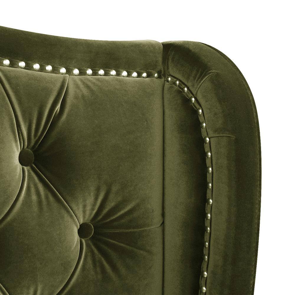 Elegant Olive Green Velvet Queen Bed with Nailhead Trim
