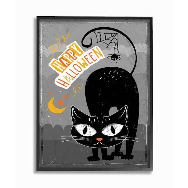 Stupell Industries 16 in. x 20 in. "Black Orange and Grey Happy Halloween Black Cat" by Artist ND Art Framed Wall Art