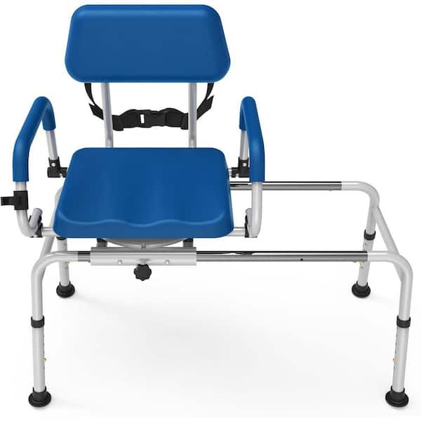 42.52  in. W Height Adjustable Sliding Large Aluminum Shower Chair in Blue with Swivel Seat Padded Pivot Arms, 350 lbs.