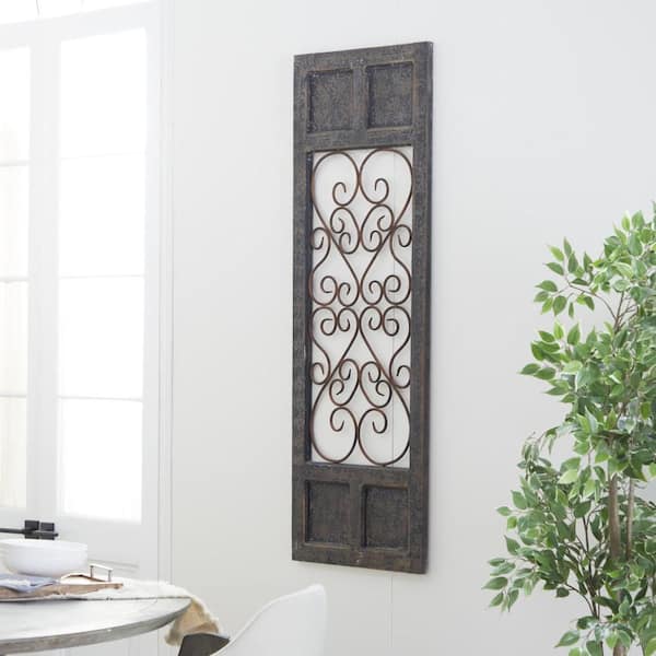 Litton Lane 20 in. x  57 in. Wood Brown Window Inspired Scroll Wall Decor with Metal Scrollwork Relief