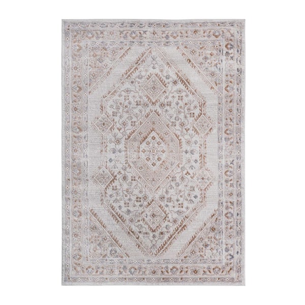 LOOM & LUXE Collection 5 ft. X 7.5 ft. Cream Bordered Non-Shedding Stylish and Stain Resistant Area Rug