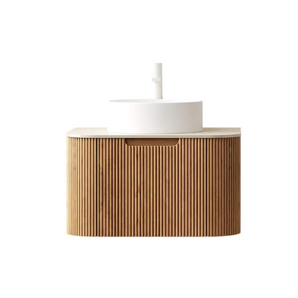 24 in. Wall-Mounted Natural Wood Bath Vanity with Beige Sintered Stone Top Pre-Assembled